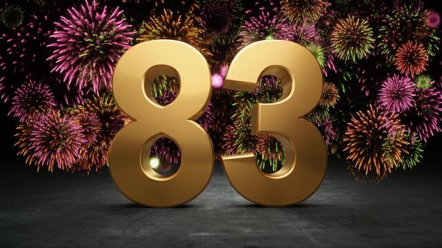 Gold number 83 with fireworks in the background. Festive scene for birthday or anniversary party
