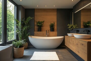 Wood-panel partition in a dark grey bathroom interior, adding a touch of warmth and modernity to the bathrooms design, Generative AI
