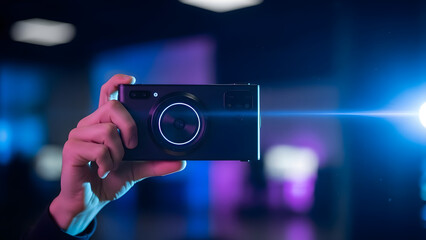 Modern device capturing a bright light beam in a dimly lit environment