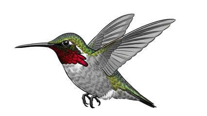 Naklejka premium Ruby throated hummingbird in flight with iridescent green and red plumage flying nature