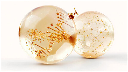 two translucent, glowing golden spheres -  intricately formed double helix DNA. Complex internal network of fine golden lines connecting tiny golden nodes, resembling a molecular lattice