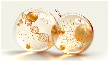 two translucent, glowing golden spheres -  intricately formed double helix DNA. Complex internal network of fine golden lines connecting tiny golden nodes, resembling a molecular lattice