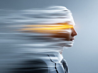 光る目とスピード感で未来を見据えるビジネスマンの概念アート