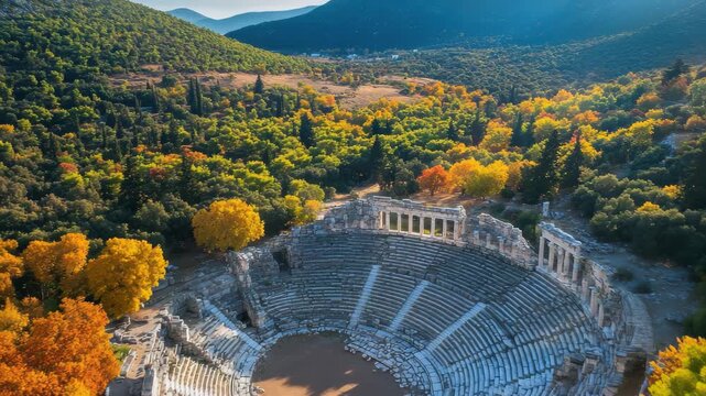 Exploring the ancient theater and scenic landscape of Kinortio Oros Epidavros in autumn, Aerial view around Kinortio Oros, Epidavros in Greece on a sunny day