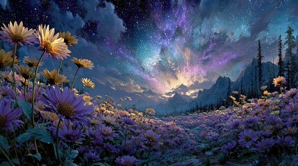 A field of flowers under a vibrant starlit sky.