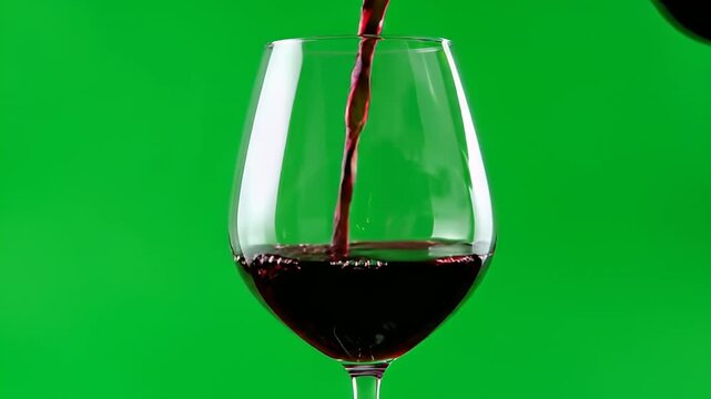 Red wine being poured into an elegant glass on a green screen background, ideal for chroma keying and compositing footage.