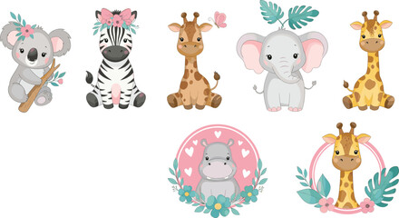 Fototapeta premium Cute Baby Safari Animal Illustration Set with Giraffe Elephant Zebra and Koala in Soft Pastel Flat Vector Style