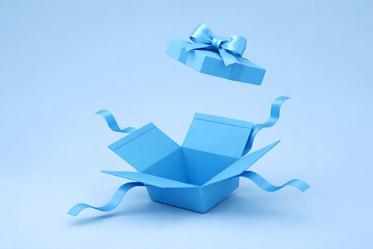 Light blue open gift box with floating lid and ribbons on matching blue background for birthday celebration or product surprise reveal commercial mockup