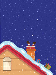 Cute Christmas illustration with Santa Clause. Santa got stuck in the chimney. Gift card design, poster, kids book