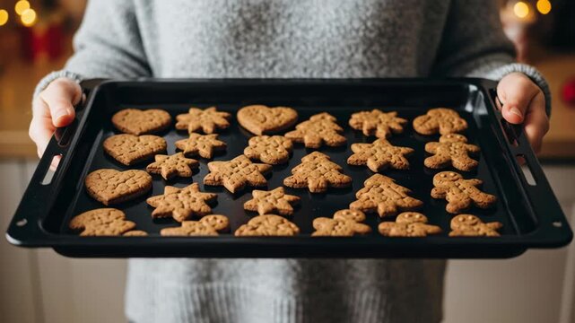 Gingerbread christmas cookie tray baking holiday food dessert homemade winter cozy family smiling hands holding fresh warm festive treats pan