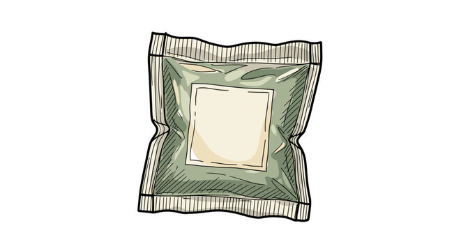 Illustration of a loose tea sachet with green packaging isolated on a white background, showcasing detailed line art and minimalistic design
