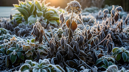 Frost damage on plants in a residential yard. Landscape problems. Cold weather stress. Seasonal damage.