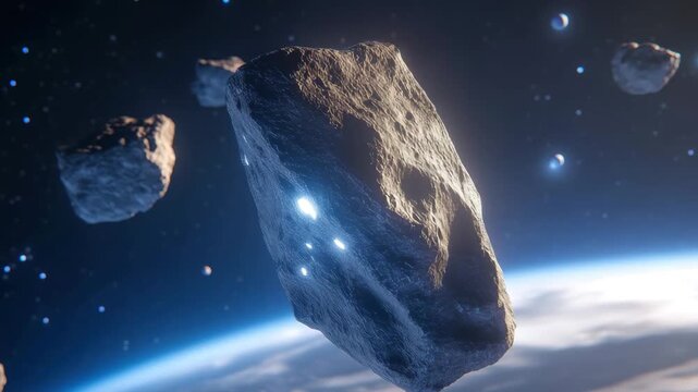 Asteroids are moving through the solar system, with some in close proximity to Earth, 3D of asteroids flying through solar system with planet and blue light in the background