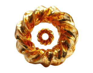 Twisted golden torus on black. Smaller concentric inner ring. Reflective surface