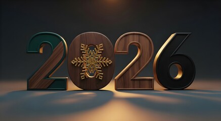 Luxury wooden 2026 new year concept with golden snowflake on dark background and light. Banner design for greeting card or poster to celebrate winter holiday with copyspace.