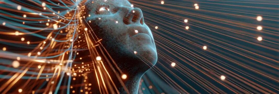 Abstract digital human head with glowing data streams flowing outwards representing artificial intelligence and technology 