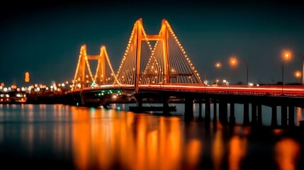 Obraz premium Nighttime Illuminated Bridge Over Water with Reflection in Cityscape