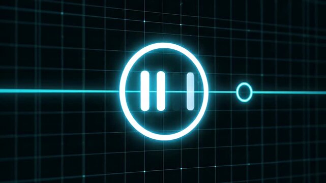 Digital pause button icon on a futuristic blue grid background, representing media control and technology footage