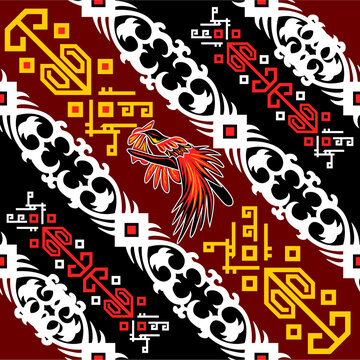 Seamless batik pattern inspired by Papuan culture, featuring bird of paradise, tifa drum, and tribal ornaments in a bold diamond geometric layout.