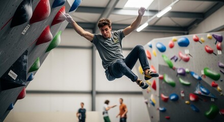 A man performs a dynamic bouldering move indoors, suspended mid-air with chalked hands at a modern climbing gym.