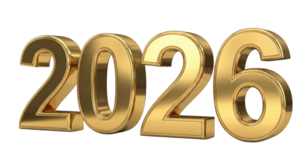 Golden 2026 number display isolated on transparent background