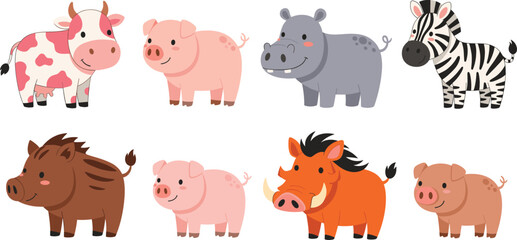Cute Farm and Wild Animal Character Set with Pig Cow Hippo Zebra and Boar in Flat Cartoon Vector Illustration