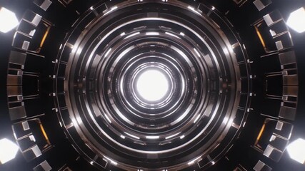 Concentric metallic rings rotating around glowing center energy orb, dark sci-fi background, light reflections, seamless mechanical motion loop. - Powered by Adobe