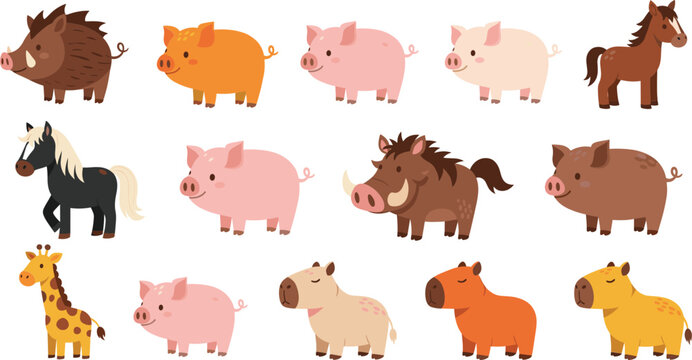 Cute Farm Animal Character Collection with Pigs Horses Boars and Giraffe in Colorful Flat Cartoon Vector Illustration