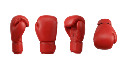 Four red boxing gloves in different views isolated on transparent background