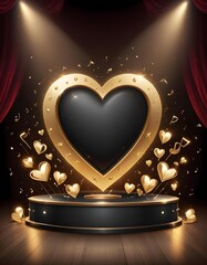 golden valentines heart shape on a stage background