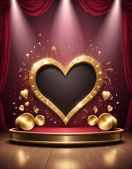 golden valentines heart shape on a stage background