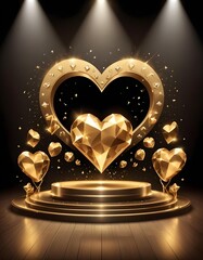 golden valentines heart shape on a stage background