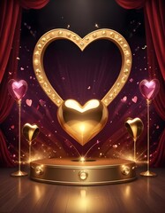 golden valentines heart shape on a stage background