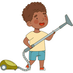 Young Boy Holding Vacuum Cleaner Hose With Machine On The Ground Cheerful Expression Light Yellow...