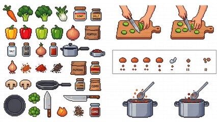 Vibrant pixel art cooking elements and ingredients