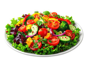 Vivid close-up of a colorful, fresh salad overflowing a white plate