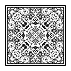 Decorative pattern of flowers and paisley for printing on fabric. Ornament for a bandana, a silk neckerchief, a tablecloth or a kerchief. Square sketch in tribal or oriental style.