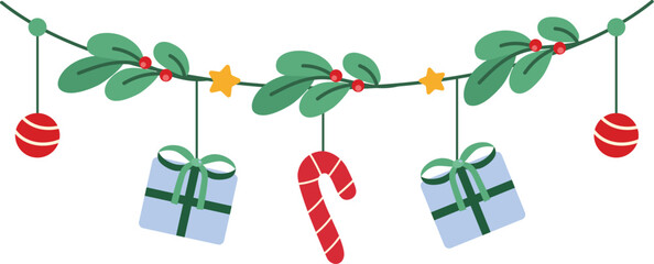 Cute Christmas Garland with Mistletoe, Gift, Candy Cane, Bauble and Stars Decoration Illustration 