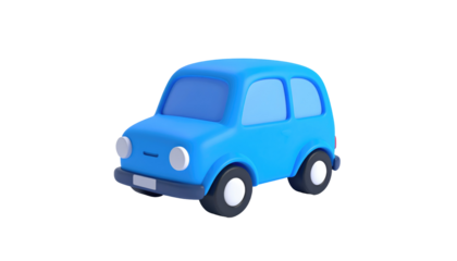 A cartoonish, glossy, blue vehicle rendered with dark tires and a white license plate