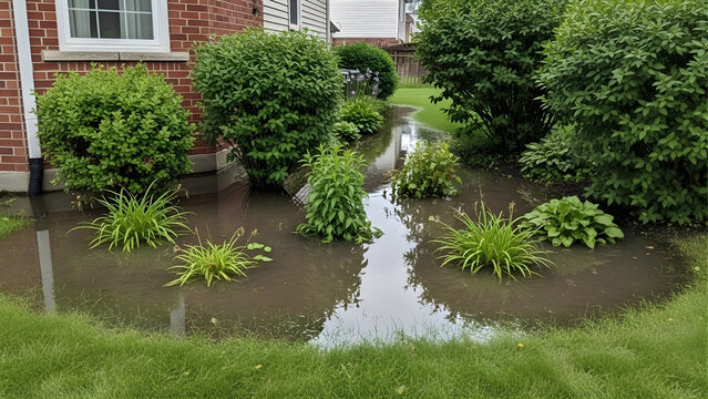 Poor drainage and stagnant water in a house's garden. Landscape problems. Puddles. Irrigation issues.