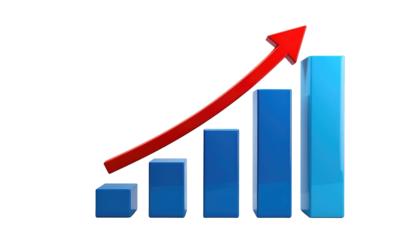 Rising bar graph against black background, bright red arrow soaring upwards indicating growth and positive progress