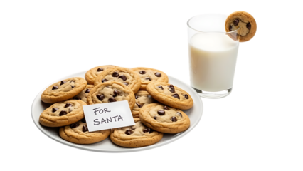 Plate of chocolate chip cookies and glass of milk for santa