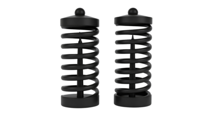 Two black coiled springs stand upright on a black background, creating a simple and mechanical composition