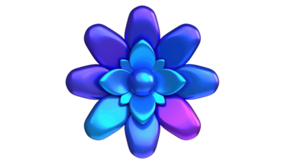 Glossy iridescent flower with rounded petals, rendered on a black background, displays gradient shifts in purples and blues