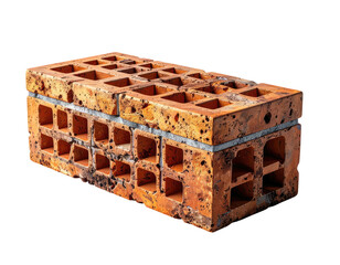 Close-up of a textured, orange construction brick with rectangular holes