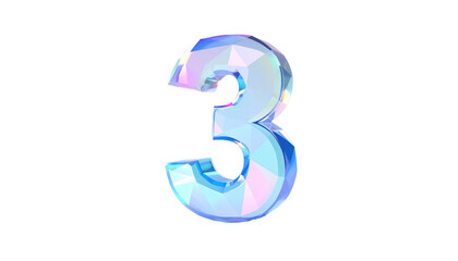 Number three shimmers with an iridescent, faceted, crystal-like texture against a stark black background