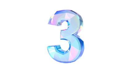 Number three shimmers with an iridescent, faceted, crystal-like texture against a stark black background