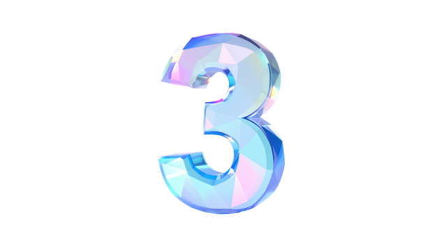 Number three shimmers with an iridescent, faceted, crystal-like texture against a stark black background - Powered by Adobe