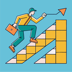 Man climbing stairs with a briefcase and reaching for a goal with a chart in hand during daylight hours in a business setting