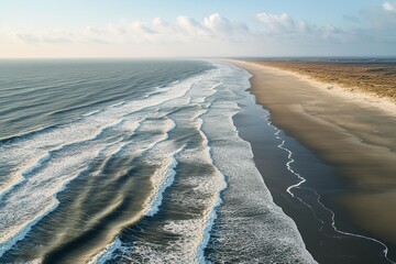Serene Aerial View of Ocean Waves Crashing on Sandy Beach Shore Under Blue Sky with White Clouds